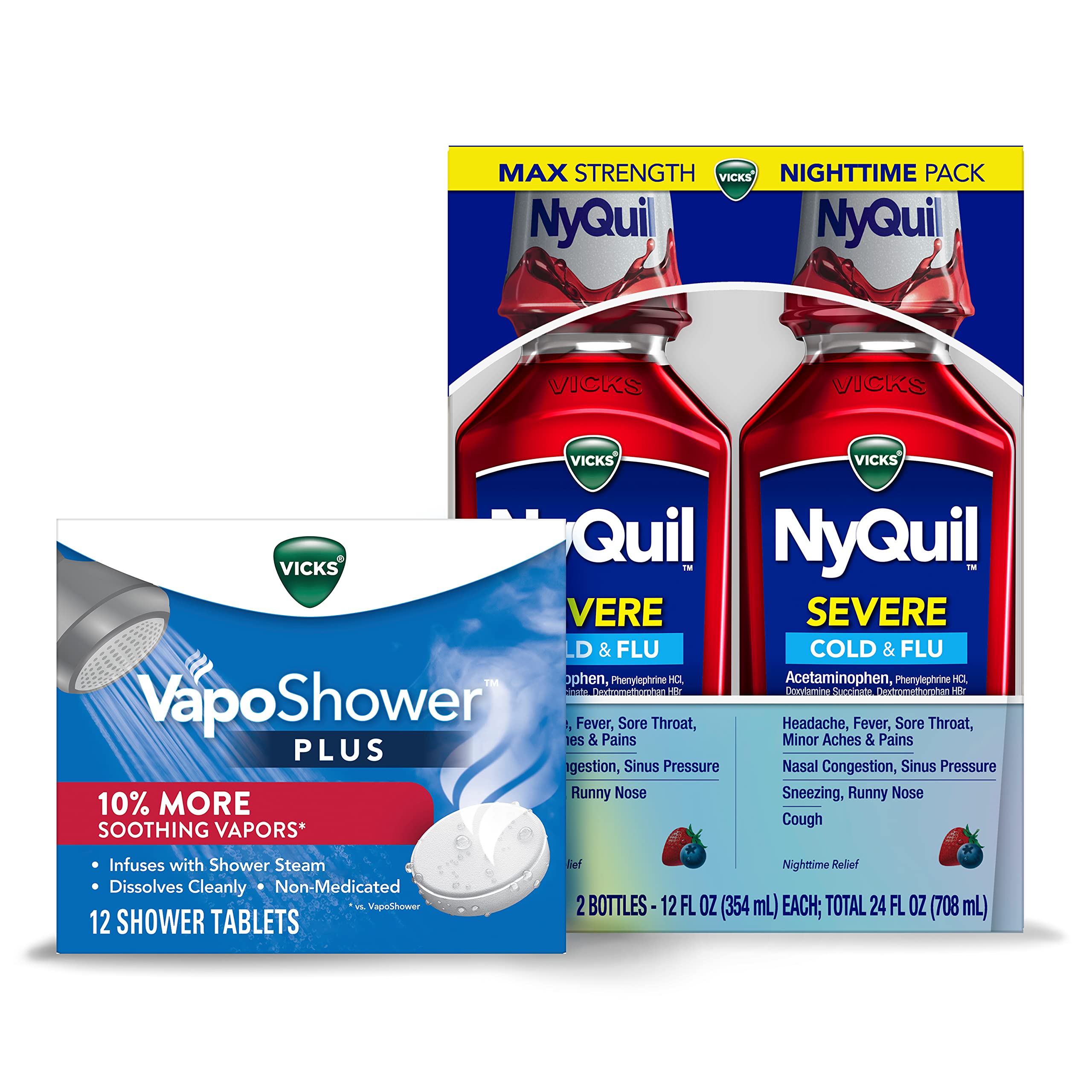Vicks NyQuil Severe, Nighttime Relief of Cough, Cold & Flu Relief, Sore Throat, 2-12 FL OZ Bottles & Vicks VapoShower Plus, Shower Bomb Tablets, Strong Soothing Non-Medicated Vapors, 12 Tablets,