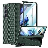 Hoerrye for Samsung Galaxy Z Fold 5 Case [Stand ＆ Wrist Strap 2 in 1] [All-in-one Hinge Protection] [Built-in Screen Protector] PU Leather Kickstand Slim Wireless Charging Phone Cover 5G 2023,Green