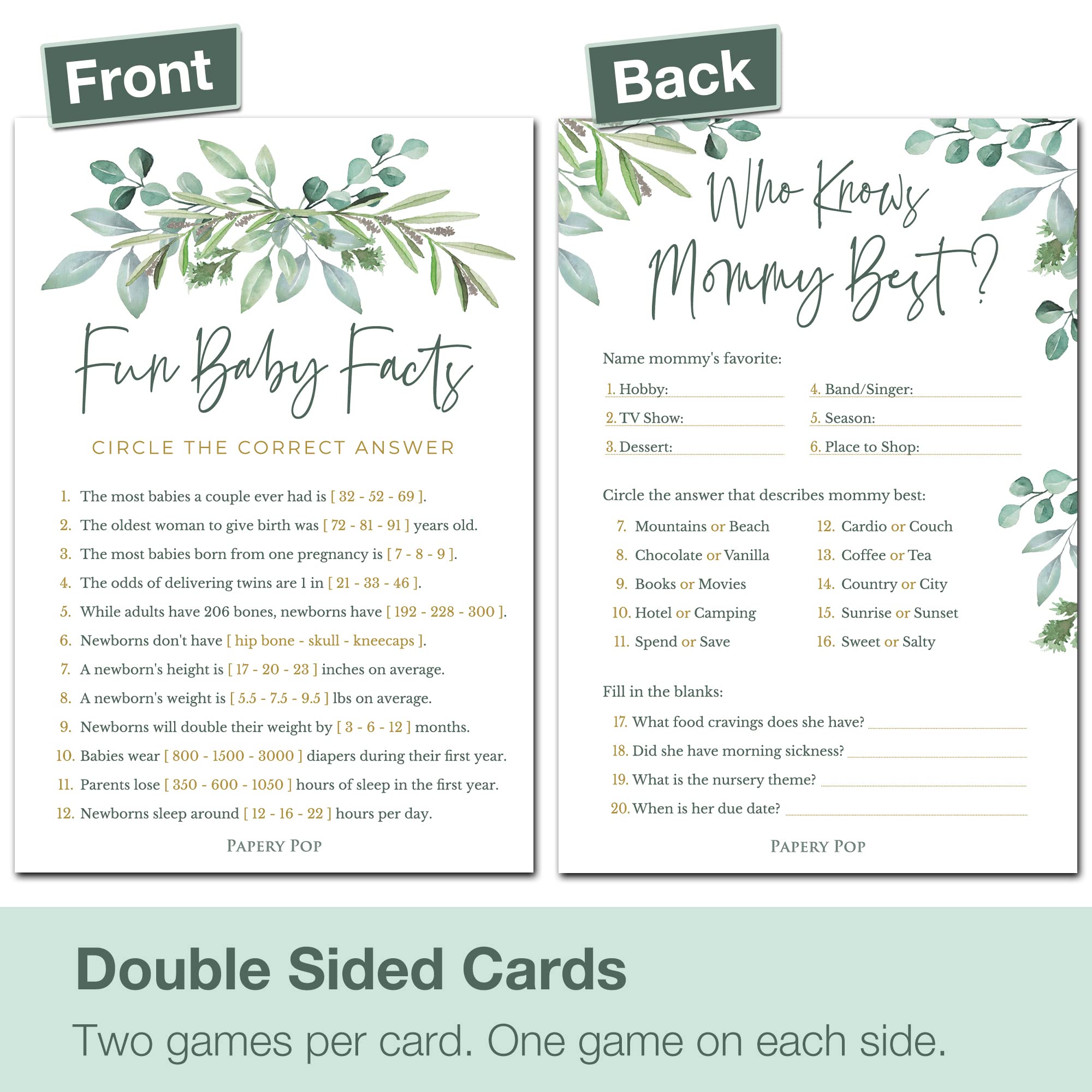 Baby Shower Games for Boy or Girl - Set of 4 Games for 30 Guests - Double Sided Cards - Floral Greenery Eucalyptus Flowers