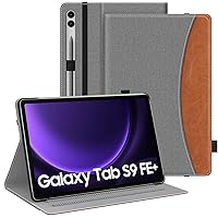 MoKo Case for Samsung Galaxy Tab S9 FE Plus 12.4-Inch 2023 SM-X610/SM-X616, PU Leather Multi-Angle Viewing Folding Stand Cover Case with S-Pen Holder, Front Pocket, Auto Wake/Sleep, Denim Grey & Brown