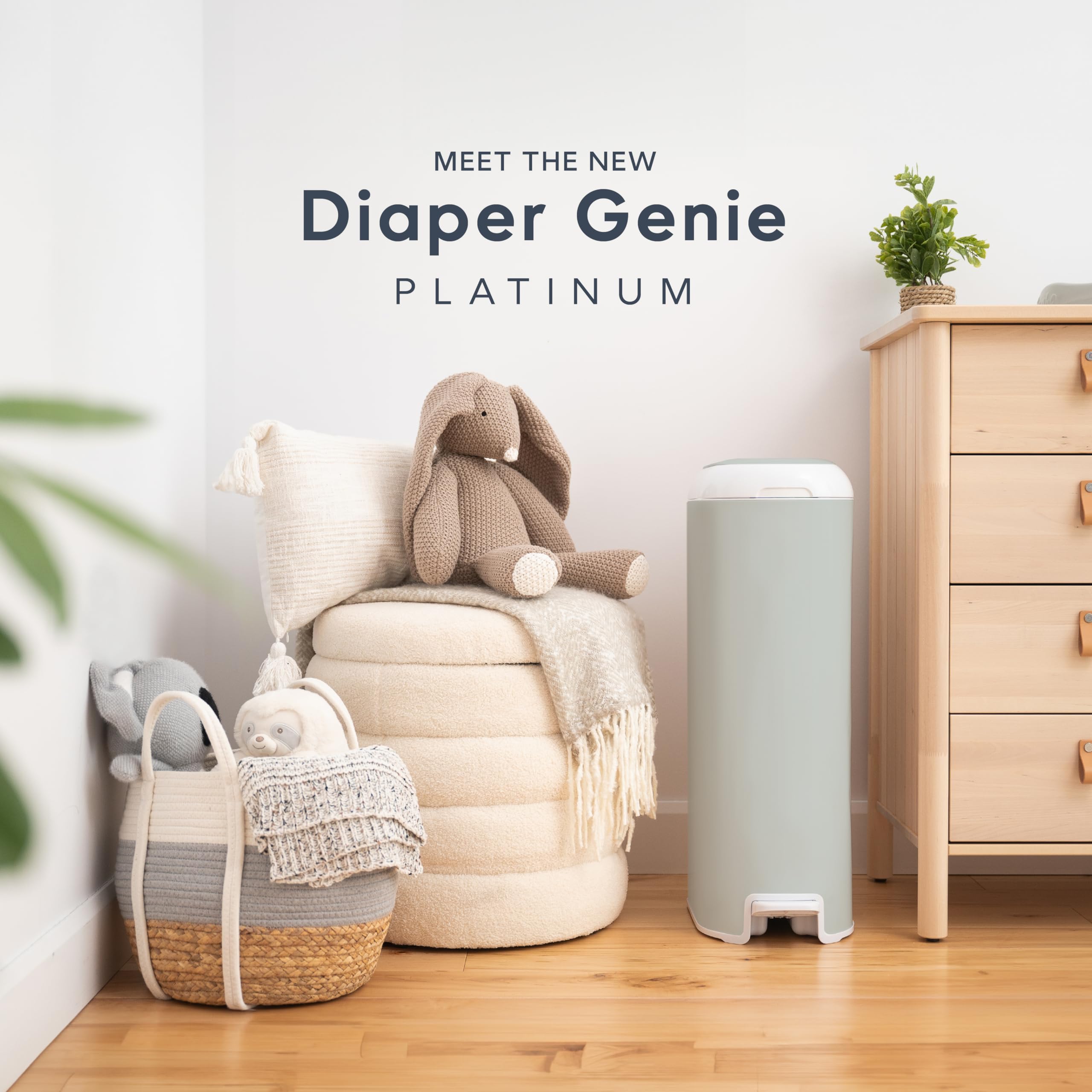 Diaper Genie Platinum Pail (Sage Green) is Made in Durable Stainless Steel and Includes 1 Easy Roll Refill with 18 Bags That can Last up to 5 Months.