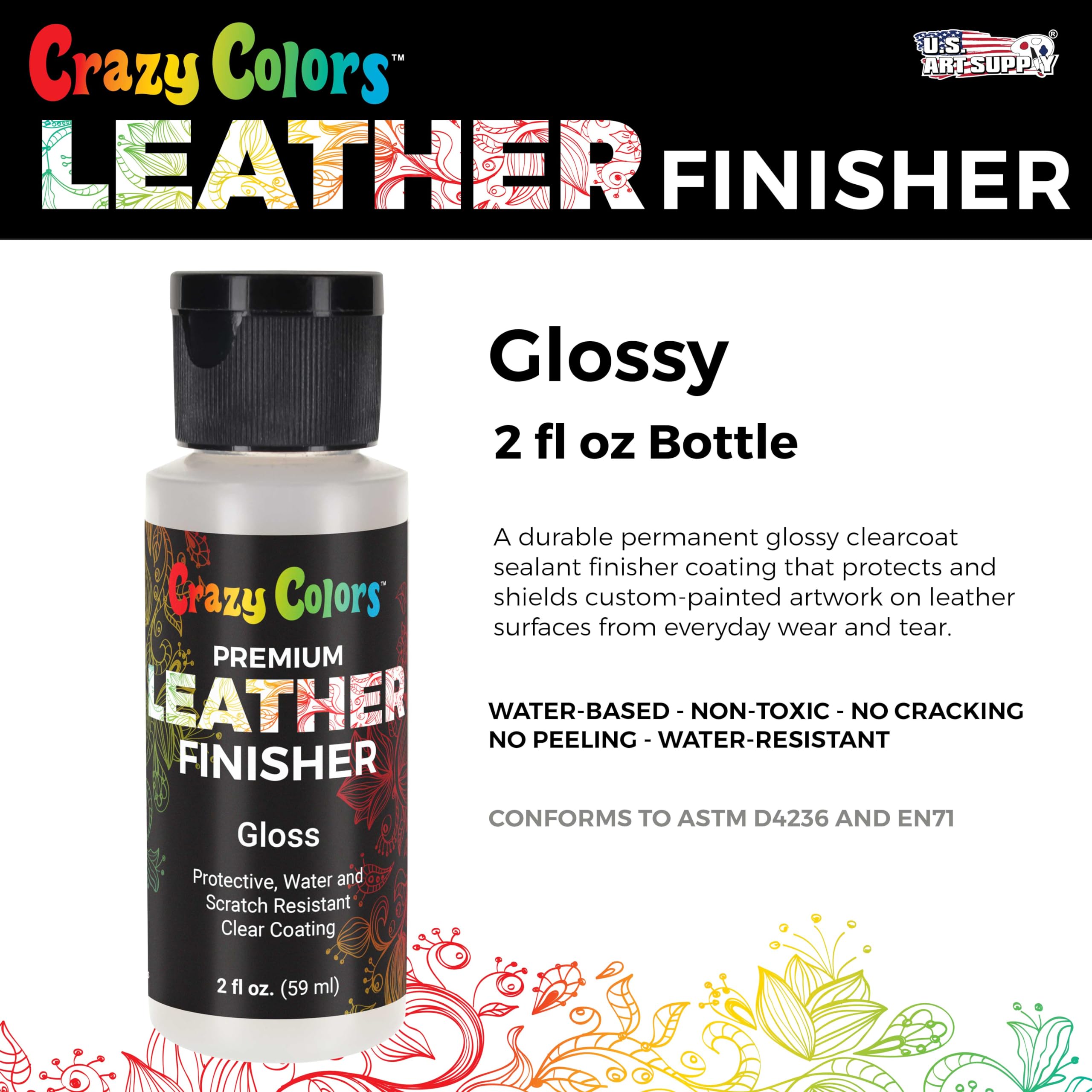 Crazy Colors Premium Gloss Acrylic Leather and Shoe Paint Finisher, 2 oz Bottle - Clearcoat Sealant Protection - Durable Scratch, Crack, Peel, and Fade Resistant Finish - Artwork Jackets, Bags, Purses