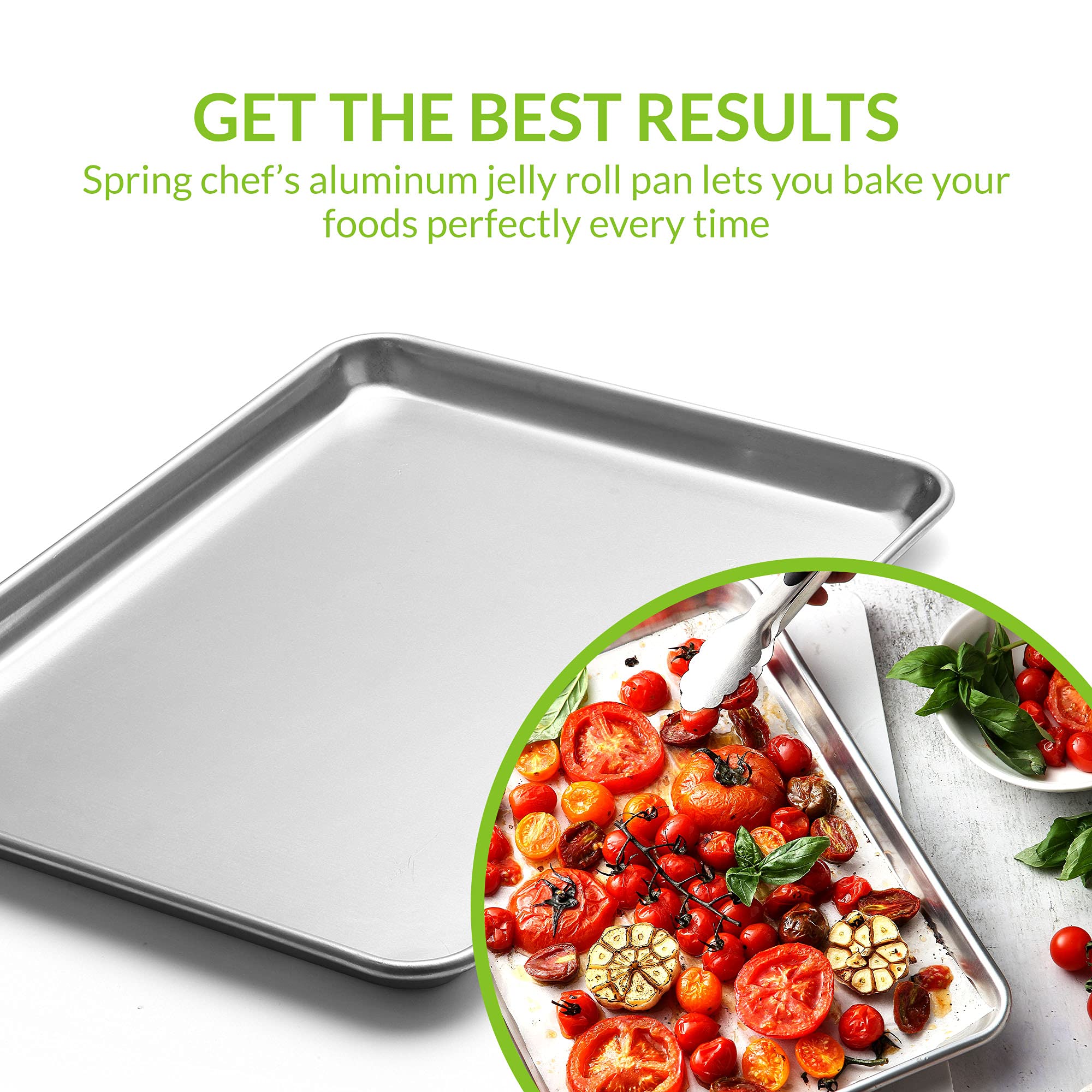 Spring Chef Jelly Roll Pan - 11.2 x 15.7-inch Durable Aluminum Baking Pan - Non-Rust Baking Tray for Cookies, Meat, Vegetables, Pastries - Distributes Heat Evenly - Easy To Clean Cookie Sheet Pan