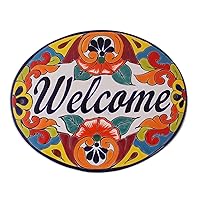NOVICA Artisan Handmade Ceramic Wall Sign Floral Talaverastyle Welcome from Mexico Multicolor Decor 'Talavera Welcome'