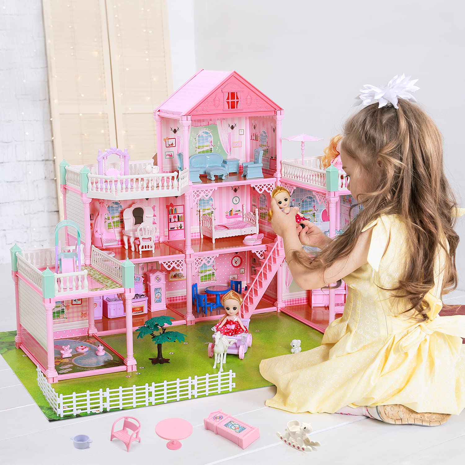 CUTE STONE Dollhouse, Doll House with Flashing Lights, Pretend Play Toddler Dollhouse Sets with 2 Dolls, Furniture, 8 Rooms and Doll Accessories, Creative Gift for Girls, L32 xH23