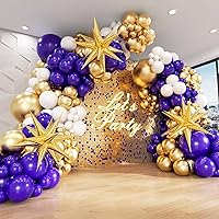 Purple and Gold Balloons Garland Arch kit with 3pcs Starburst Balloon, Metallic Gold Dark Purple White Balloons for Wedding Birthday Baby Shower Anniversary 2024 Graduation Party Decorations