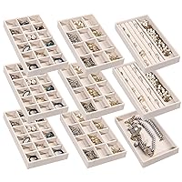 Frebeauty Jewelry Organizer Tray,Stackable Velvet Jewelry Trays,Drawer Inserts Earring Organizer For Women Girls Jewelry Storage Display Case for Rings Stud Necklaces,Set of 9(Beige)
