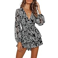 AIMCOO Women's Floral Print Deep V-Neck Romper Double Layer Ruffle Hem Jumpsuits Long Baggy Sleeves Waist Tie Short Rompers