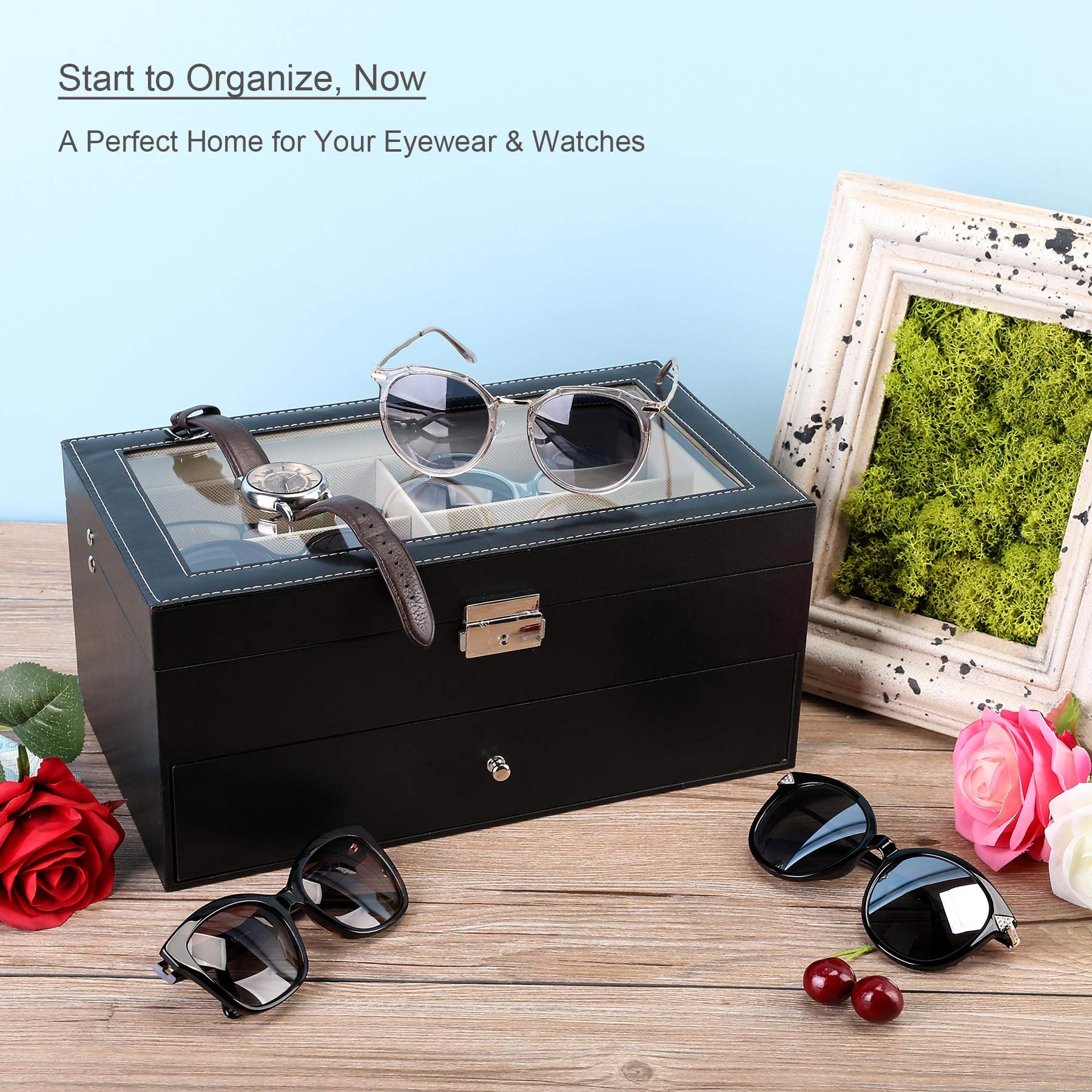 CO-Z Sunglasses Organizer for Women Men, Multiple Eyeglasses Eyewear Display Case, Leather Multi Sunglasses Jewelry Collection Holder with Drawer, Sunglass Glasses Storage Box with 12 Compartments