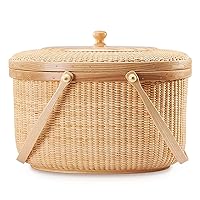 Nantucket Sewing Basket Purse, Containers with Dual Wood Handles .Cane-on-cane weave cane basket craft basket, with lid basket with handle
