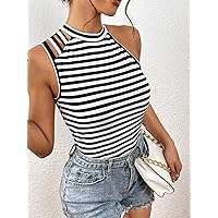 Women's Tops Sexy Tops for Women Women's Shirts Striped Print Asymmetrical Neck Top (Color : Black and White, Size : Large)