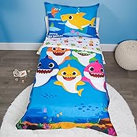 Baby Shark 4 Piece Toddler Bedding Set – Includes Comforter, Sheet Set – Fitted + Top Sheet + Reversible Pillowcase for Boys and Girls Bed, Blue