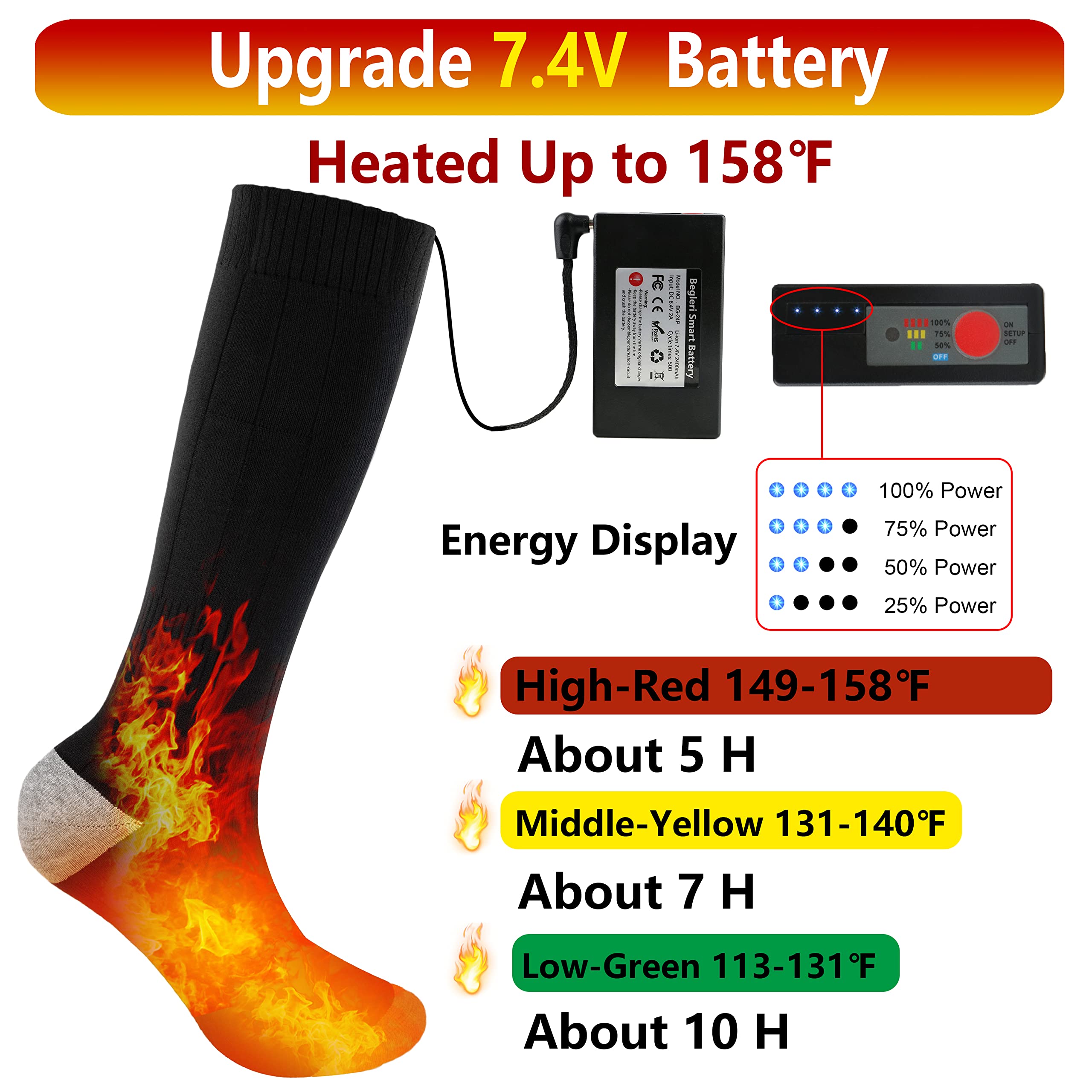 Heated Socks for Men Women - Electric Socks 7.4V Rechargeable for Winter Sport Hunting Skiing Motorcycle