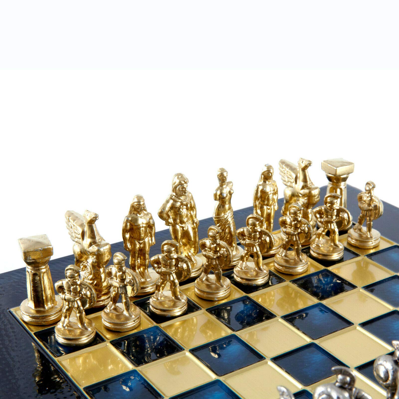 Manopoulos Spartan Warriors Chess Set - Brass&Nickel - Blue Chess Board