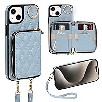 Keallce Case for iPhone 15 Plus 6.7'' Wallet Case, Crossbody Zipper Purse with Handbag Wristlet for Women, RFID Blocking Card Holders, 360° Ring Kickstand Flip Leather Cover for iPhone 15 Plus, Blue
