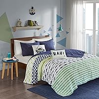 Reversible Cotton Quilt Set - Vibrant Fun, Playful Print, All Season Children Bedding Coverlet Bedspread, Decorative Pillow, Bedroom Décor, Twin/Twin XL, Shark Green/Navy 4 Piece