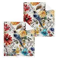 xigua Flowers Birds Washcloths Set of 2-12 X 12 Inch, Fast Drying Wash Cloth for Bathroom-Hotel-Spa-Kitchen Multi-Purpose Fingertip Towels and Face Cloths