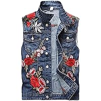 Mens Sleeveless Embroidery Denim Vest Casual Button Down Vests Jacket