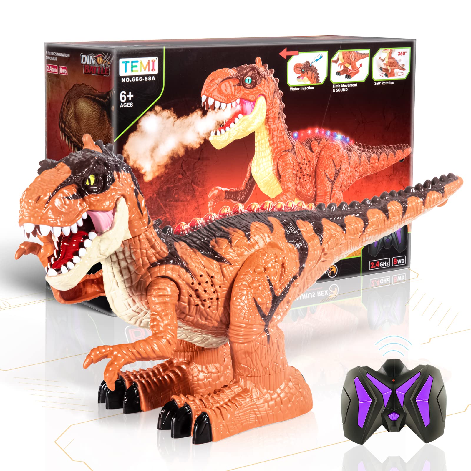 TEMI Remote Dinosaur Toy with Simulated Flame Spray for Kids 3-5, Realistic Walking T-rex with Lights & Sounds for Boys 4-7, Electric Tyrannosaurus with Fire Breathing, Gift for Boys Girls