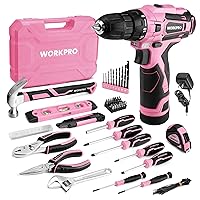 WORKPRO Pink Tool Set with Power Drill, 108PCS Portable Ladies Pink Drill Kit for Home with Toolbox and Pink Hammer, 1.5 Ah Cordless Drills with Keyless Chuck and Variable Speed Trigger - Pink Ribbon