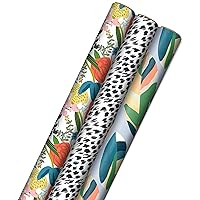 Hallmark Recycled Wrapping Paper with Cutlines on Reverse (3 Rolls: 60 Sq. Ft. Ttl) Modern Florals, Abstract Leaves, for Birthdays, Bridal Showers, Easter