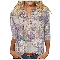Summer Tops for Women 2024,3/4 Length Sleeve Womens Tops Vintage Print Button Round Neck Top Graphic Tees for Women