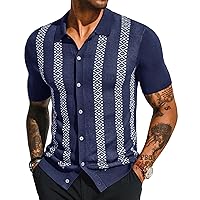 Men's Vintage Polo Shirt Geometric Patterns Stripe Knit Casual Button Down Shirts