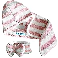 ALSAMA Microfiber Hair Towel Wrap Turban, Anti Frizz Super Absorbent Fast Drying Hair Cap for Long, Curly Hair, Premium Ultra Soft Easy Twist Shower Head Hat with Hair Band (Pink Striped)