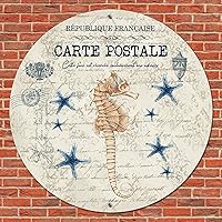 Vintage Metal Tin Sign Plaque French Carte Postale Postcard Nautical Ocean Sea Horses Starfish Retro Wall Door Sign Funny Wreath Sign Metal Art Prints for Indoor Bar Wall Hanging Decoration 12 Inch