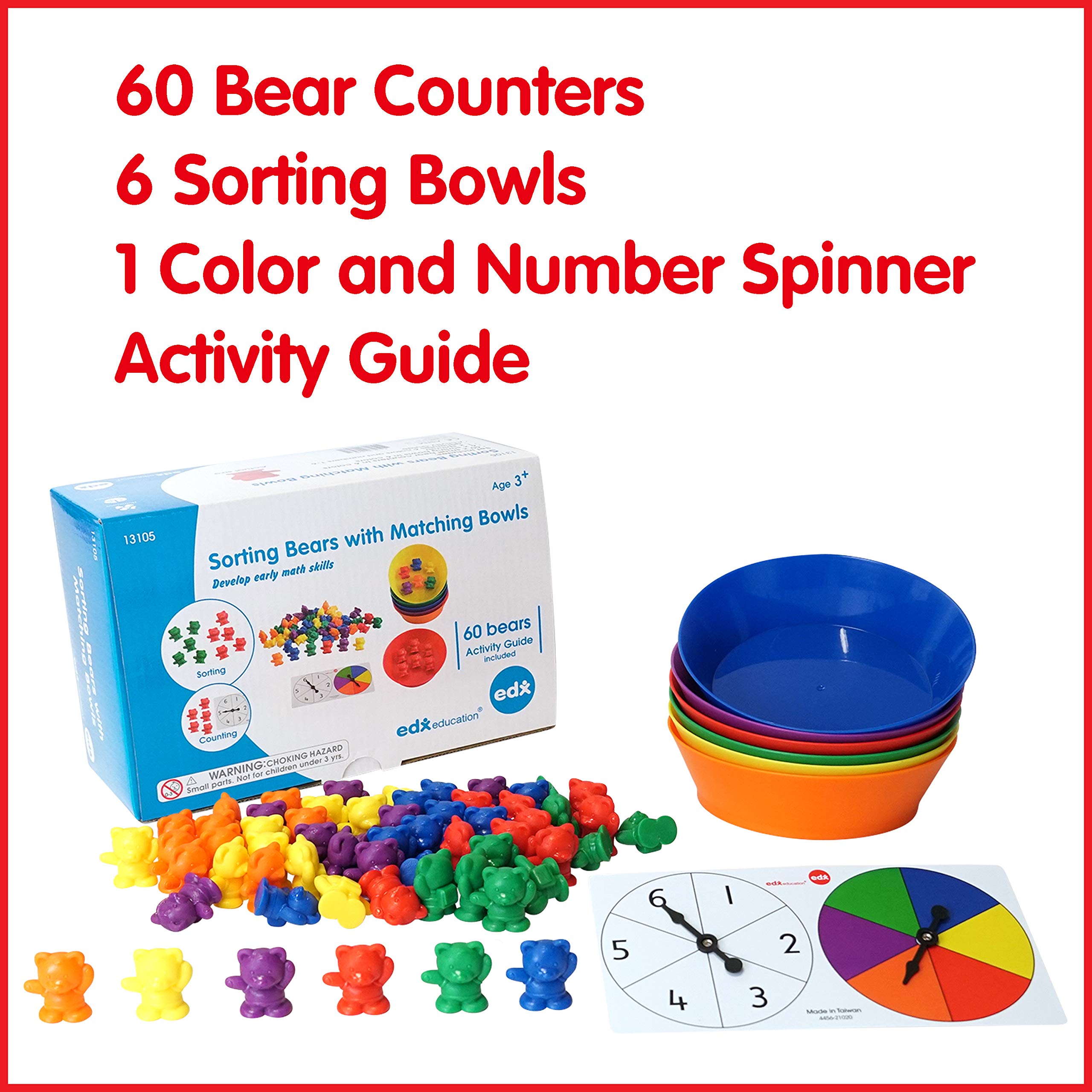 edxeducation Counting Bears with Matching Bowls - Early Math Manipulatives - 68pc Set - 60 Bear Counters, 6 Bowls & 2 Game Spinners - Home Learning