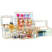 Tempered Glass Makeup Organizer & Lipstick Holder with 24 Slots-Countertop Cosmetic Organizer for Vanity with Brush Holder Ideal Large Makeup Storage Drawer Organizer for Bathroom & Dresser.