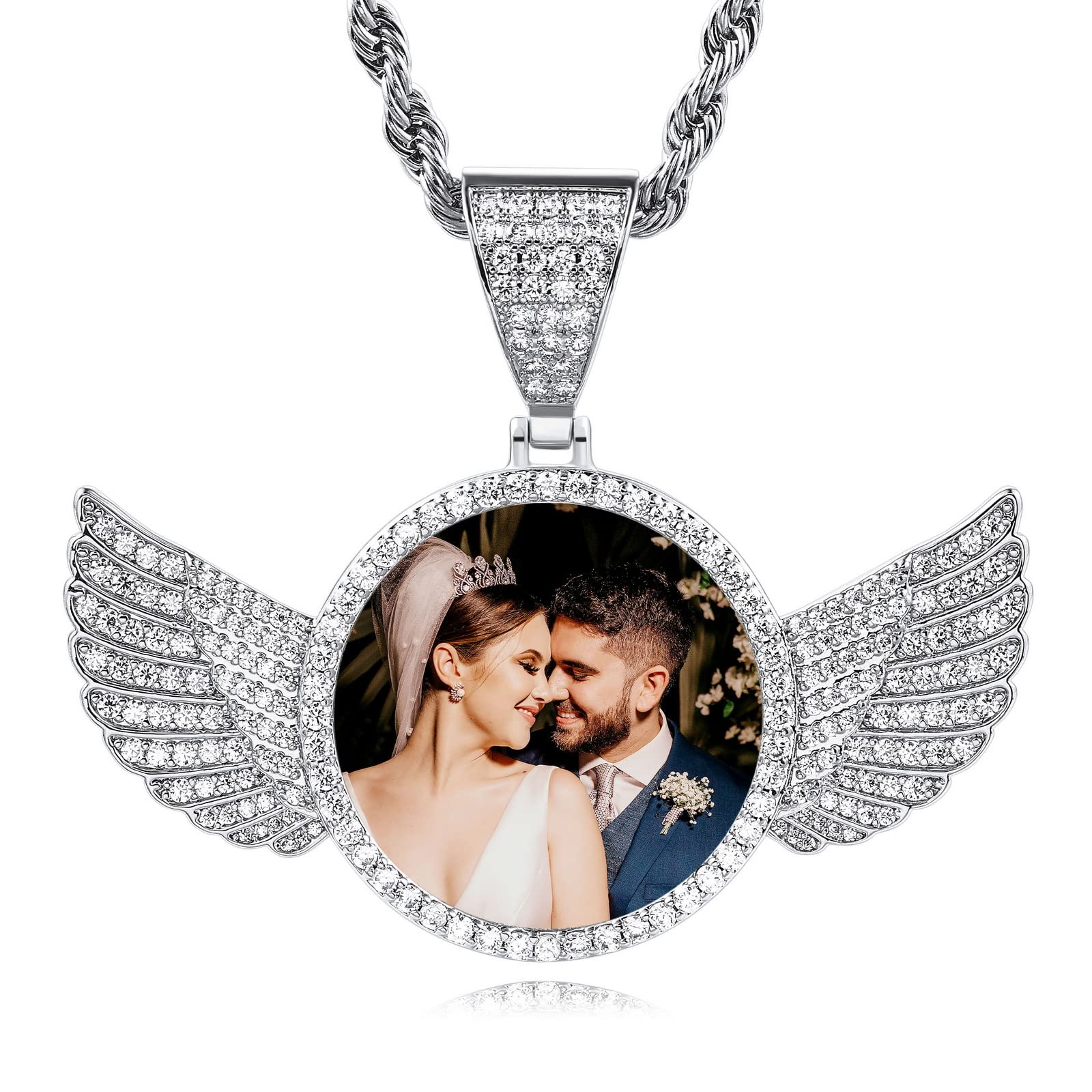 INBLUE Personalized Hip Hop Memory Photo Necklace Pendant Custom Engraved Text for Men Women Copper Iced Out Angel Wing Round & Heart Charm Medal Rope Chain Jewelry Gift