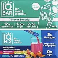 IQBAR Brain and Body Keto Protein Bars - 7 Count Sampler Low Carb, High Fiber, Vegan Bars and IQMIX Sugar Free Electrolyte Powder Packets - 20 Count Variety Pack Keto Electrolytes with Lions Mane