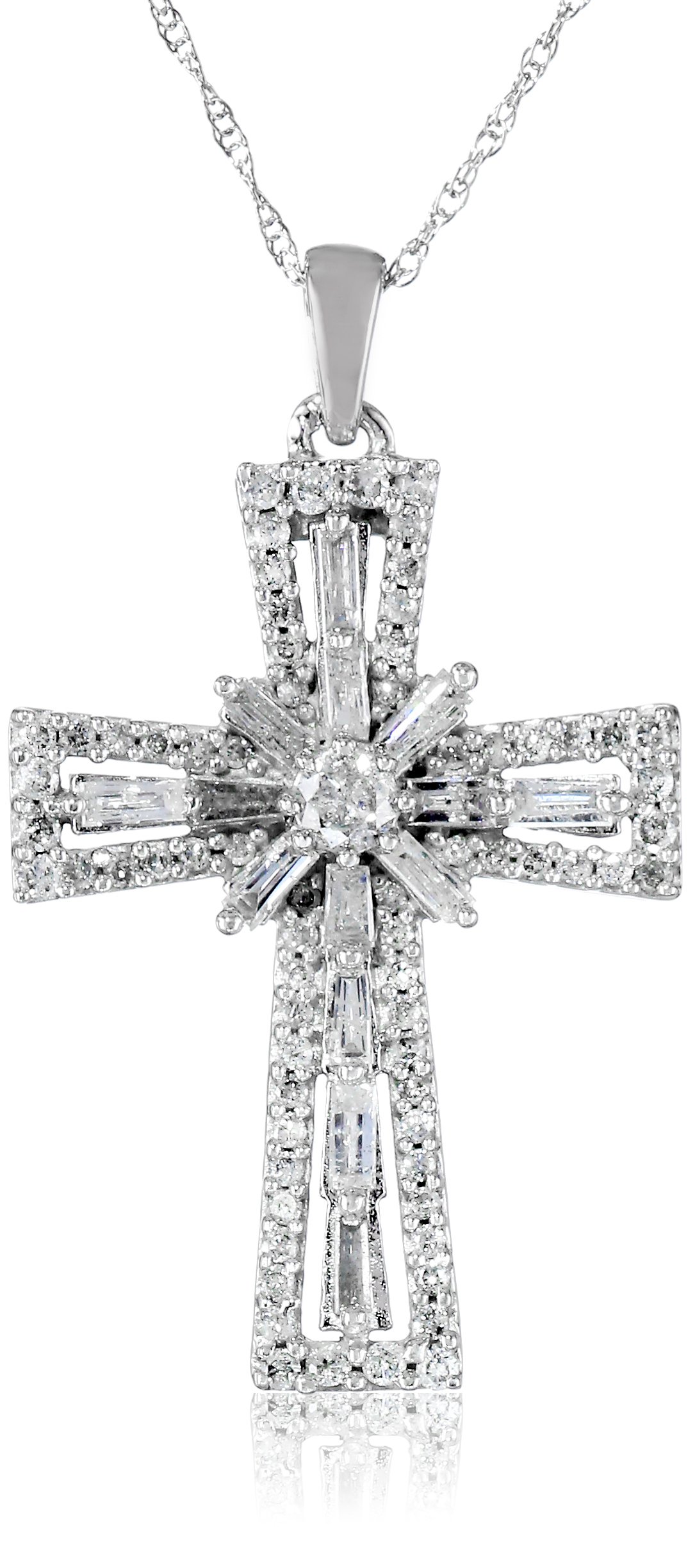 Amazon Collection 10K White Gold Diamond Cross Pendant Necklace (1 cttw), 18