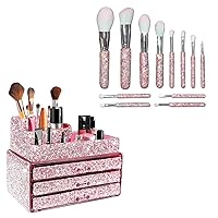 KEYPOWER Bling Rhinestone Makeup Cosmetic Jewelry Organizers Drawer & 12PCS Makeup Brushes(Pink)
