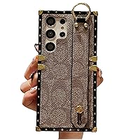 Designed for Samsung Galaxy S24 Ultra Cute Case with Wristband Strap Anti Drop Protective Designer Case,with Luxury Square Leather Case. Compatible with Samsung S24 Ultra - 6.8 inch (Brown)