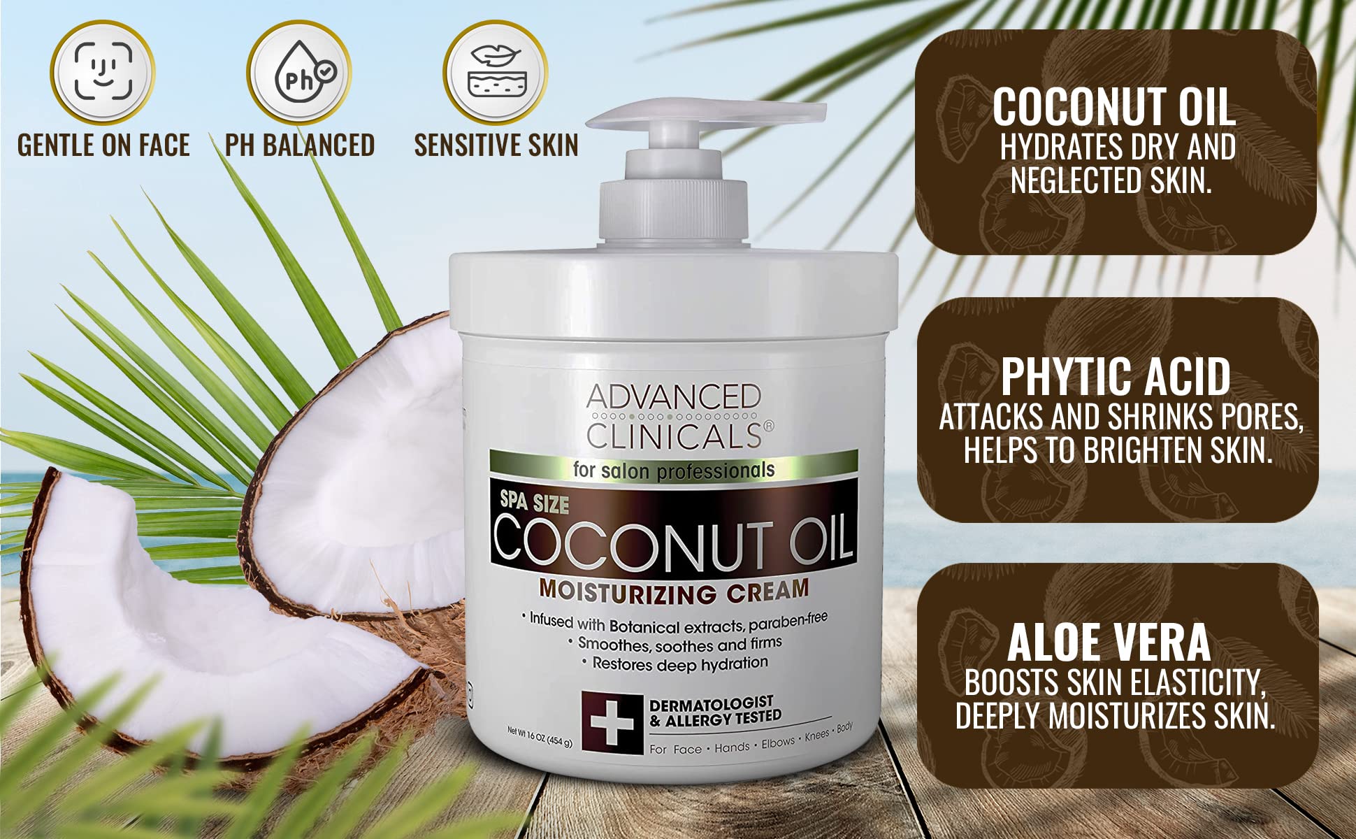 Advanced Clinicals Coconut Body Lotion Moisturizing Cream & Face Lotion | Coconut Oil Lotion For Women & Men | Natural Coconut Cream Moisturizer Body Butter Skin Care Balm For Dry Skin, Large 16 Oz