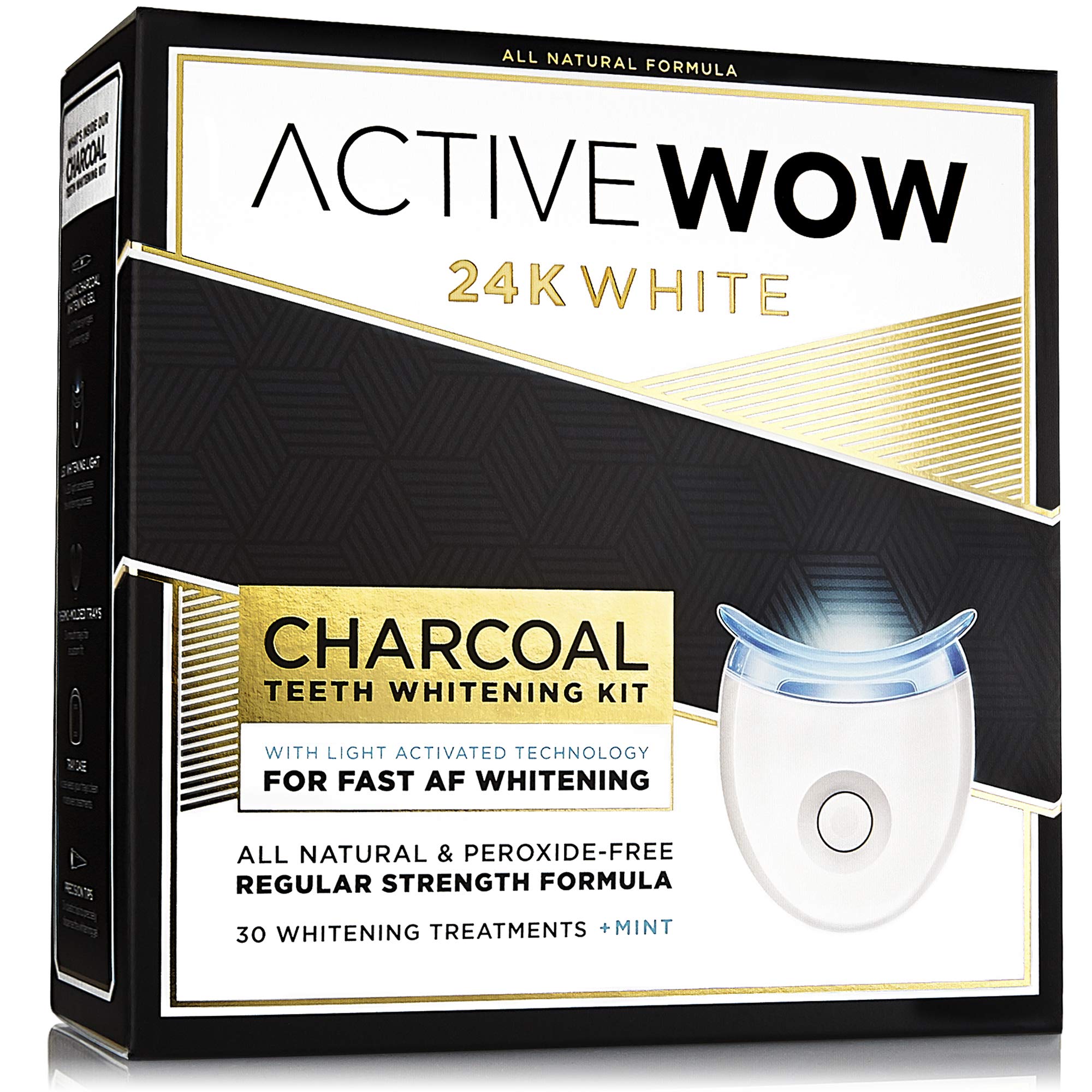 Active Wow 24k White Charcoal Teeth Whitening Kit - LED Teeth Whitening Kit, Teeth Whitening Light, All Natural Formula, Fluoride Free, Teeth Whitening Kit with LED Light - Mint Flavor, 30 Treatments