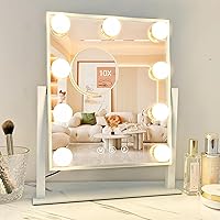 Vanity Mirror with Lights, Hollywood Vanity Makeup Mirror with 9 Dimmable LED Bulbs, 3 Color Lighting Modes, Detachable 10X Magnification, 360°Rotation,White