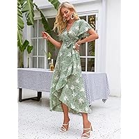 Dresses for Women - Slit Bell Sleeve Floral Ruffle Wrap Dress (Color : Mint Green, Size : Medium)