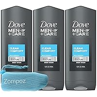 Dove Men Clean Comfort Body Wash, 3 Pack Men+Care Body and Face Wash Set, Hydrating with Micro Moisture Technology, 13.5 fl oz Each Plus Bonus Zompo-Z Soap Saver