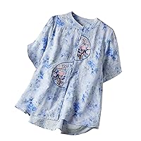 Women's Linen Retro Floral Print Cheongsam Top Button-up Tunic Blouse