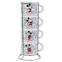 Silver Buffalo Disney Mickey Mouse Vintage Sketches Art 4pc Stackable Ceramic Espresso Small Cup Set, 3 Ounces