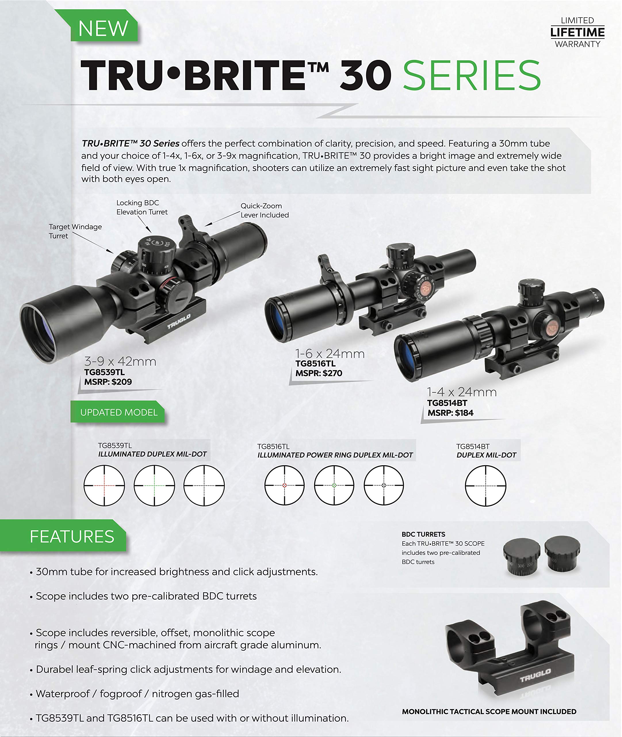 TRUGLO TRU-BRITE 30 Series Illuminated Tactical Rifle Scope - Includes Scope Mount, 3-9 x 42mm, Black