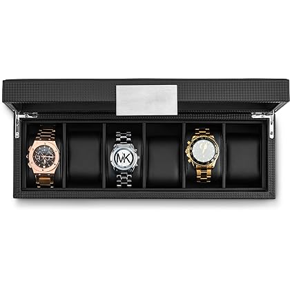 Glenor Co 6 Watch Box for Men - Mens Watch Case w Glass Lid - Luxury Carbon Fiber Design Mens Watch Box - Watch Holder for Men w Metal Accents & Sturdy Hinges - Modern & Masculine Watch Display Case