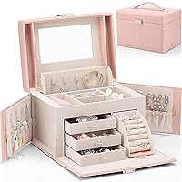 Jewelry Box Organizer for Girls Women, Large Baroque Jewelry Holder Organizer with Mirror, 3 Drawers for Bracelets, Earrings, Rings, Necklaces, Mothers Day for Loved One, Pink