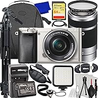 Ultimaxx Must Have Bundle + Sony a6000 Mirrorless Camera w/ 16-50mm and 55-210mm Lenses (Silver) + SanDisk 64GB Extreme SDXC, Water-Resistant Backpack, LED Light w/Bracket & Much More (30pc Bundle)