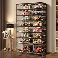 8 Tiers 16-32 Pairs Foldable Shoe Boxes Large Plastic Shoe Storage Rack Collapsible Shoe Organizer for Closet Clear Stackable Shoes Shelf Storage Cabinet with Doors Quick Assembly Black