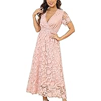 Women's Short Sleeve Lace Floral Elegant Cocktail Dress V-Neck Long Skirt Dress for Party