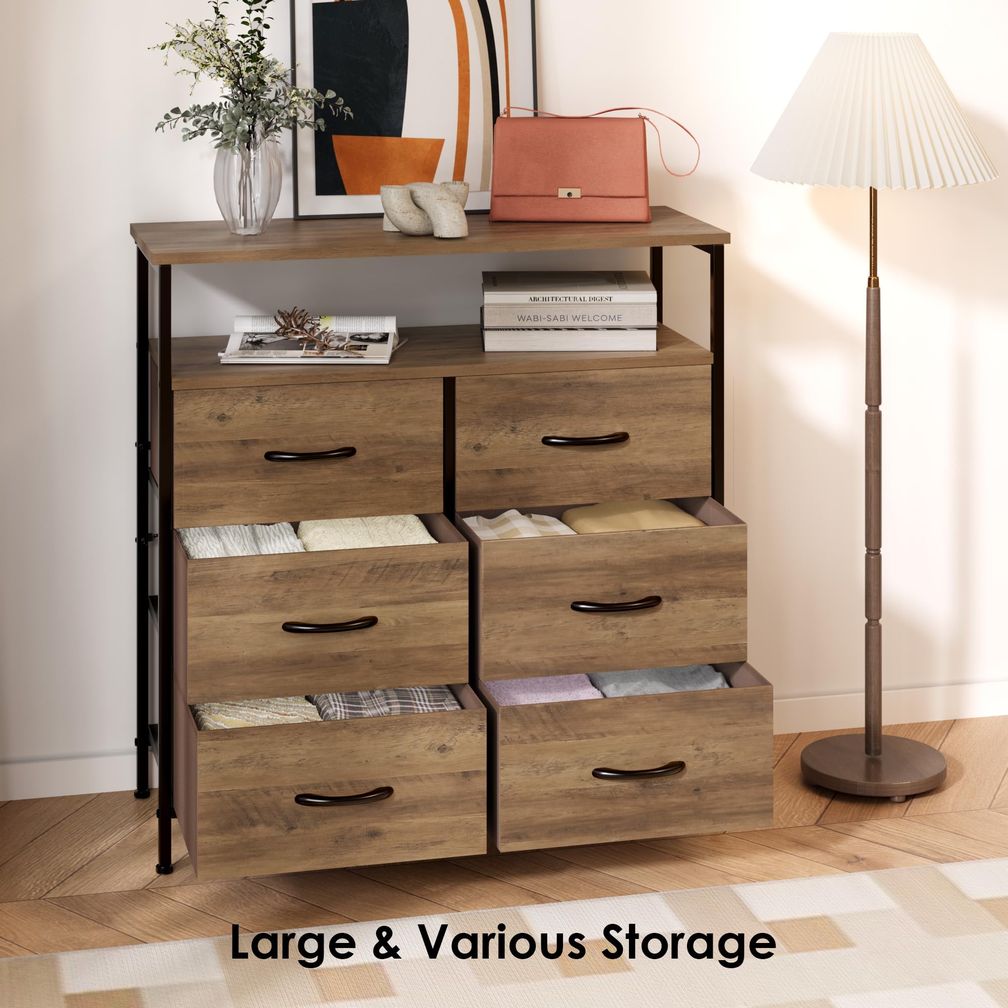 BOTLOG Dresser for Bedroom, 6 Drawer Dresser for Closet, Clothes, Kids, Chest of Drawers TV Stand with Storage Drawers, Wood Top, Fabric Drawers